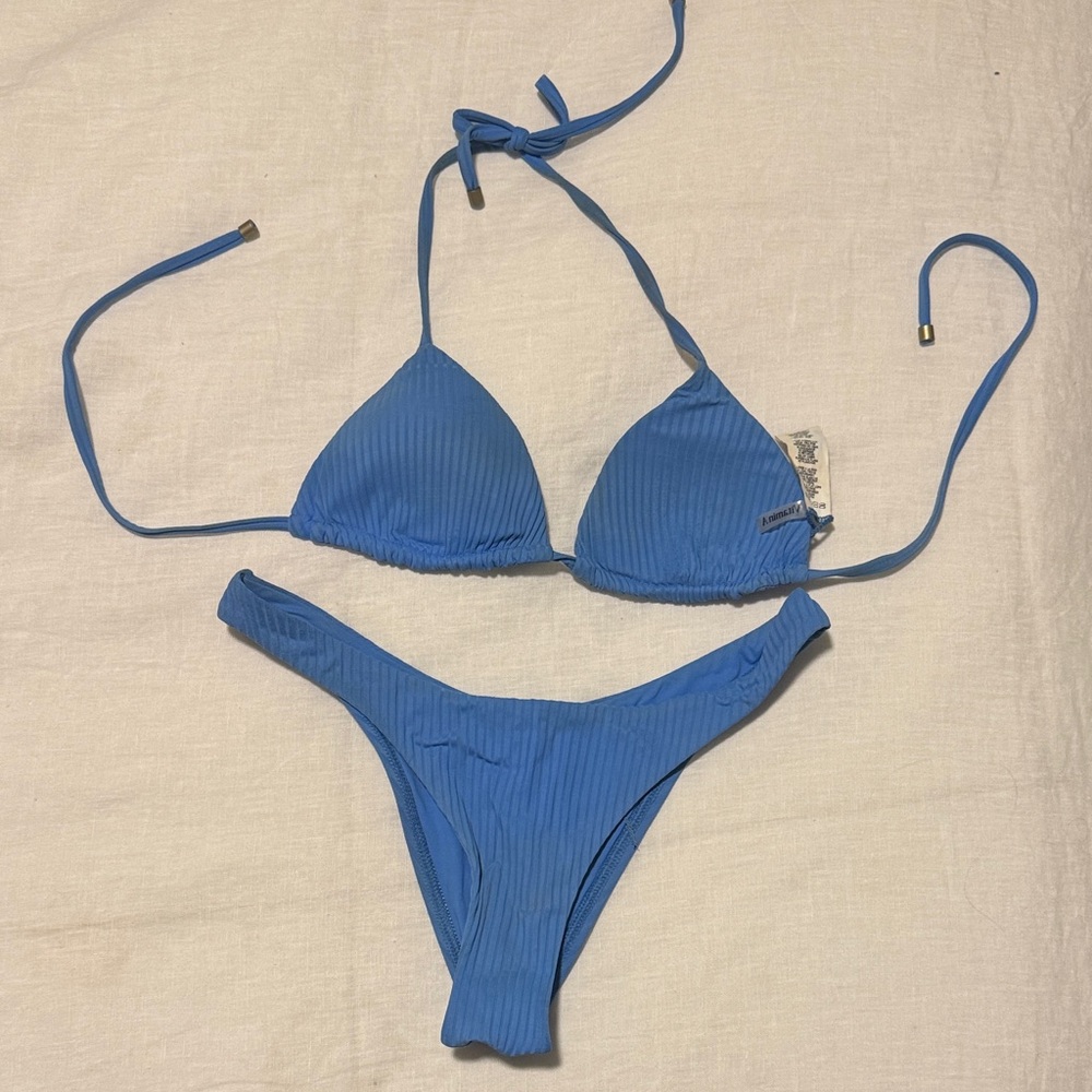 Vitamin A Blue Ribbed Triangle Bikini Set Small